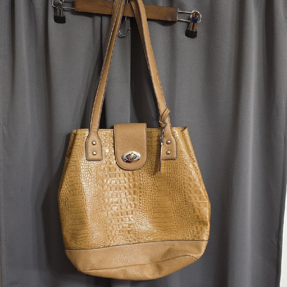 Franco Sarto Women's Purse Caramel Brown Yellow Lining Faux Alligator GUC *READ*